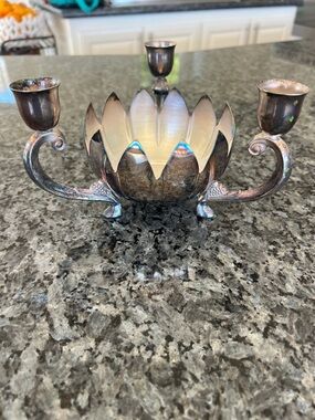 Vintage Leonard silver plate lotus flower bowl 3 candle holder centerpiece